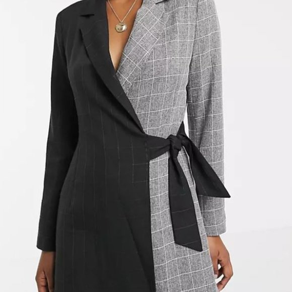 Brand New Color Block Black/Tan Plaid Print Shawl Collar Wrap Knot Side Blazer - Picture 2 of 4